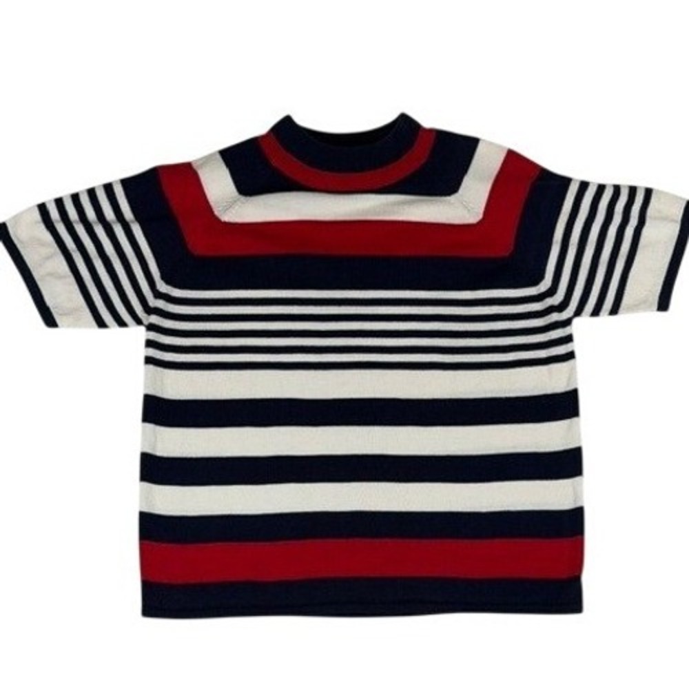 Teddi Petite Womens Short Sleeve Knit Sweater Navy Red White Striped PL Nautical